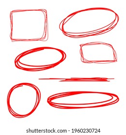 Highlighting elements, circles and rectangles, abstract doodle writing design set, red isolated on white background, vector illustration.