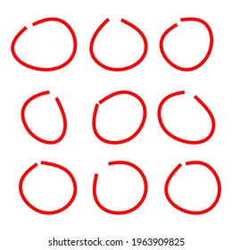 Highlighting elements, hand drawn circles, abstract doodle writing design set, red isolated on white background, vector illustration.