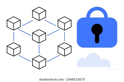 Highlighting interconnected cubes representing a blockchain and a blue lock symbolizing data security. Ideal for technology, cybersecurity, blockchain, encryption, network security. Crisp and modern