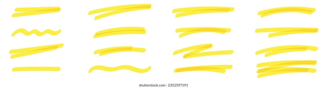 Highlighting marker lines and underlines created with yellow brush strokes. Set with marks, strokes, textures, and stripes for emphasizing text. Flat vector illustration isolated on white background