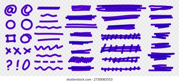 Highlighting purple felt tip marker line set, marker strokes with brush lines, Hand drawn underlines, crosses and wavy accents, Doodle highlight lines for notes.