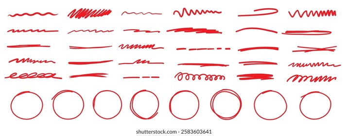 Highlighting red crayon pencil strokes grunge doodle style. Pencil sketch line art set.