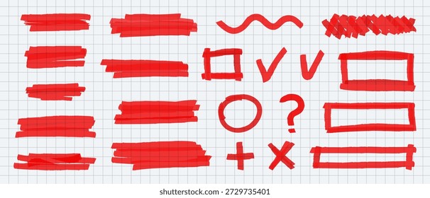 Highlighting red felt tip marker line set, marker strokes with brush lines, Hand drawn underlines, crosses and wavy accents, Doodle highlight lines for notes.