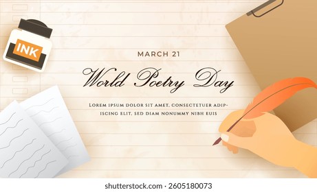 Highlighting World Poetry Day with a picturesque scene of a quill, inkpot, and notes on a vibrant desk setup, emphasizing the essence of writing and poetry.