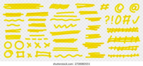 Realçando o conjunto de linhas de marcador de ponta de feltro amarelo, traçados de marcador com linhas de pincel, sublinhados desenhados à mão, cruzes e destaques ondulados, Linhas de realce de rabisco para notas.