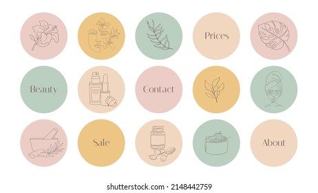 Highlights for blog and social networks about beauty and cosmetics. Icons for Women's online store with creams and beauty products. boho