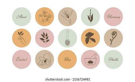 Highlights for a blog and social networks about beauty, cosmetic medicine and women's health. Icons for a page about herbs. boho