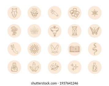 Highlights boho icons, gold simple social media cover, modern trendy style, hand drawn vector magic astrology symbols and mystic design elements, doodle flat shape illustration isolated on background