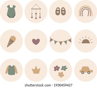 Highlights cover. Baby and nursery icons set. Vector. 