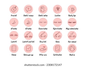 Highlights cover backgrounds. Eyelash and eyebrows beauty business vector icons bundle
