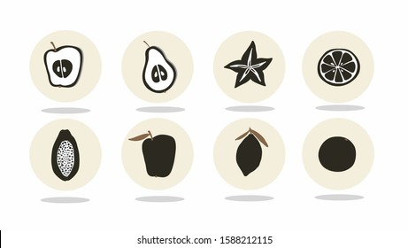 Highlights of Cover History. Set of vintage vector covers. Design of modern backgrounds. Exotic cutaway fruit. Round icons for social networks. Ideal for bloggers.