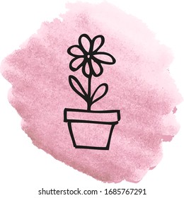 Highlights cover icon with potted flower in watercolor brush. Cute sticker or icon for social media. 