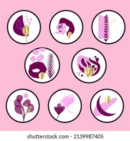 Highlights cover icons with abstract elements purple and pink colors, vector.