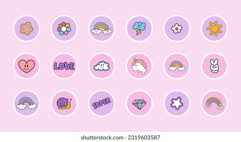 Highlights cover icons collection in y2k style. Set templates emblems for social media. Design stickers, illustration for your business, scrapbooking, bullet journalling, story buttons. Vector