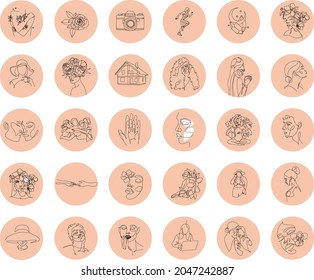 Highlights cover icons. Minimal story covers Vector. Highlight covers backgrounds. Set of beauty icons. Editable stroke. It is well suited for bloggers, beauty salons, travel, mother blog