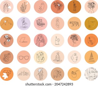 Resalta los iconos de la cubierta. La historia mínima cubre el vector. Resaltar fondos de cobertura. Juego de iconos de belleza. Trazo editable. Está bien adaptado para bloggers, salones de belleza, viajes, blog de madres