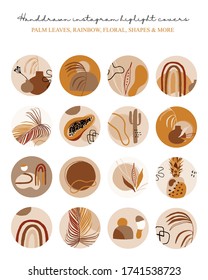 Highlights cover, posts and stories for social media. Palm leaves, shapes, rainbow and summer icons. Outline. Vector illustration.