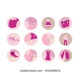 Highlights cover, posts and stories for social media. Abstract pink pastel icons. Icons for clothing store. Bright icon spop vector illustration.