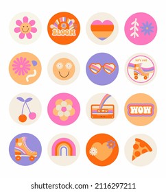 Portada destacada, posts e historias para medios sociales. Resumen de iconos retro de verano. Esquema. Ilustración vectorial.