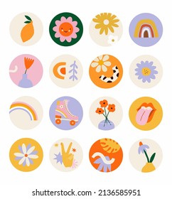 Highlights cover, posts and stories for social media. Abstract spring and summer retro icons. Outline. Vector illustration.