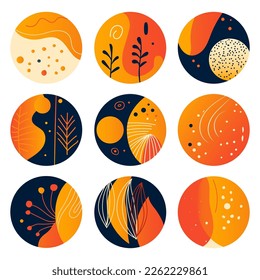 Highlights cover, posts and stories for social media. Abstract spring and summer retro icons. Outline. Vector illustration.