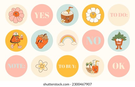 Highlights cover, posts and stories for social media. in 70s-90s style. Abstract spring and summer icons. Outline. Vector retro illustration.