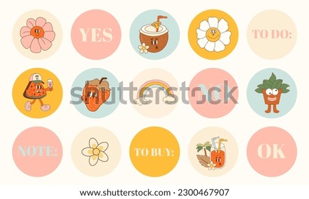 Highlights cover, posts and stories for social media. in 70s-90s style. Abstract spring and summer icons. Outline. Vector retro illustration.