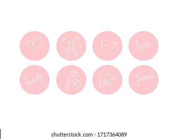 Highlights of Cover Stories with cute lettering and hearts, lips (white, pink)