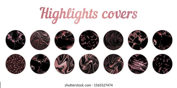 Highlights covers big set, Minimal pink marble texture background collection, story layout, gold rose frame template, vector badge for shop in social media, luxury black design collection