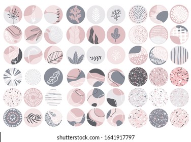 Highlights Covers. Minimalistic large set of abstract patterns with floral elements, patterns and stamps in a pastel nude palette. Isolated vector background image in a circle on a white background.