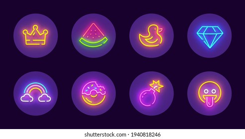 Los focos sobresalientes cubren el neón. Conjunto de iconos redondos para los medios sociales. Establece iconos de neón, emblema. Ilustración del vector