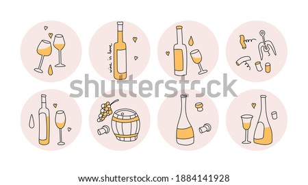 Highlights covers, posts and stories for social media. Round icons of wine bottle, wine glasses, wine barrel, corkscrew. Vector flat cute illustrations for blogging and design