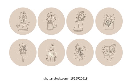 Highlights covers. Social media template set. Spring summer season, leaves and flowers line art, simple hand drawn floral modern boho collection in beige colors, vector circle background