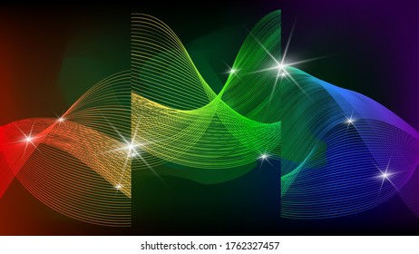 highlights and groups of overlapping, smoothly curved thin lines of rainbow colors on a black background. beautiful rainbow wallpapers. vector