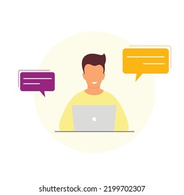 Highlights Icon. Freelancer. Vector Illustration. Modern Laptop Macbook. The Man Works At A Laptop. Flat Style. Good For Image Work, Office, Ads. Chat Online. Get A Message.