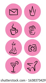 Highlights icon. Stories Covers abstract Icons. Set of eight pink vector icons for a fashion blogger