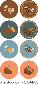 Icono de resaltado. Historias Cubre Iconos abstractos. Conjunto de iconos con calabazas y abejas. Ilustración del vector