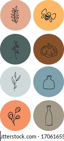 Highlights icon. Stories Covers abstract Icons. Set of branches, bees, pumpkins and vases. Vector illustration