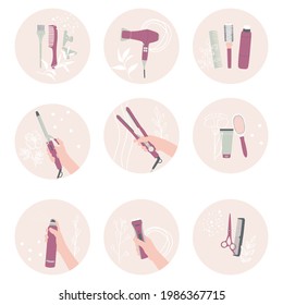 Highlights icons, covers, and stories for hair and beauty salon social media. Template for routine posts. Flat vector illustration.