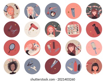 
Highlights of icons of portraits of women with different hair doing procedures in a beauty salon. Hair coloring, Hairdrying, Hair straightening, styling, shampooing. Vector illustration.