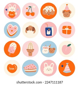 Highlights kawaii cover, posts and stories for social media. Abstract valentine's retro icons. Outline. Vector illustration.