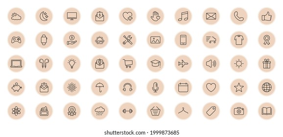 Highlights Line Icon Set. Highlights for Lifestyle, Travel and Beauty Bloggers, Photographers and Designers. Stories Covers Contain Weather, Finance, Education, Fitness topics. Vector illustration.