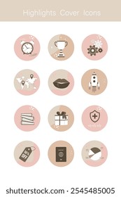 Realça o conjunto de ícones de linha. Histórias aborda ícones simples. Destaques para blogueiros de estilo de vida, viagens e beleza, fotógrafos e designers. pictograma de esboço para mídias sociais.