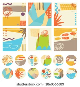 Destacados, posts, antecedentes e íconos de historias para medios sociales al estilo de arte de la naturaleza moderna. Cartel con íconos de doodle y logos en el moderno estilo de doodle dibujado a mano. Dibujo artístico de estilo