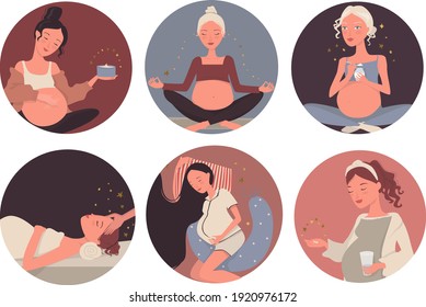 Highlights with pregnant women. Pregnancy care, relaxation, healthy sleep, vitamins, body care, yoga and gymnastics, massage, healthy eating. Cartoon. Vector.