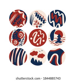 Resalta la plantilla de cubiertas redondas. Diseño de moda para los medios sociales. Antecedentes abstractos. Diseños vectoriales con formas dibujadas a mano, texturas, formas, líneas. Rojo, azul, beige. 