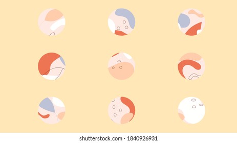 Highlights set. Round icons with abstract shapes, leaves and rainbow. For social media stories, bloggers. Trendy pastel color circle background vector collection. Hand drawn