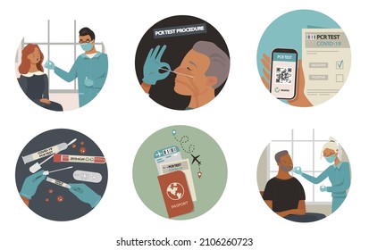 Highlights. Set of round icons. Doctor taking a pcr test from a patient, analysis, documents and certificates. Vector cartoon isolated on white background.