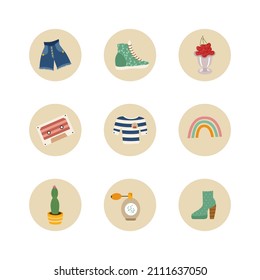 Highlights for social media stories from retro elements of the 60-70s. Vintage design with shorts, sneakers, berries in a cream bowl, cassette, rainbow, cactus, boots. Vector illustration.