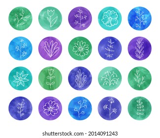 Highlights for social media.Trendy round icons with doodle plants,covers for networks stories.Abstract watercolor texture, hand drawn templates.Use for posts and blogging. Isolated.Vector 
